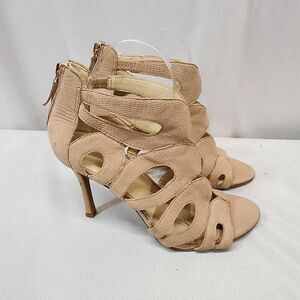 Nine West Women's Flora Nubuck Zipper Heels Open Peep Toe Pumps Size 7.5M Tan